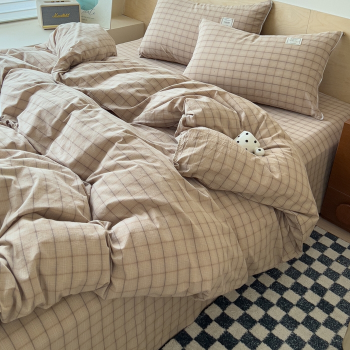 91家纺网 家纺一手货源 找家纺 花香四季家纺 2026新款简约全棉高织高密色织纯棉水洗棉四件套 奶茶