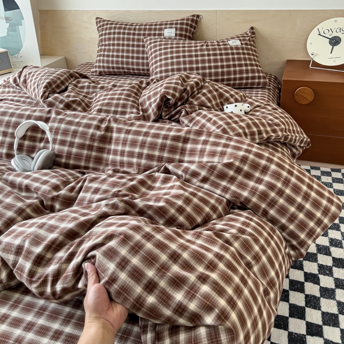 91家纺网 家纺一手货源 找家纺 花香四季家纺 2026新款简约全棉高织高密色织纯棉水洗棉四件套 焦糖