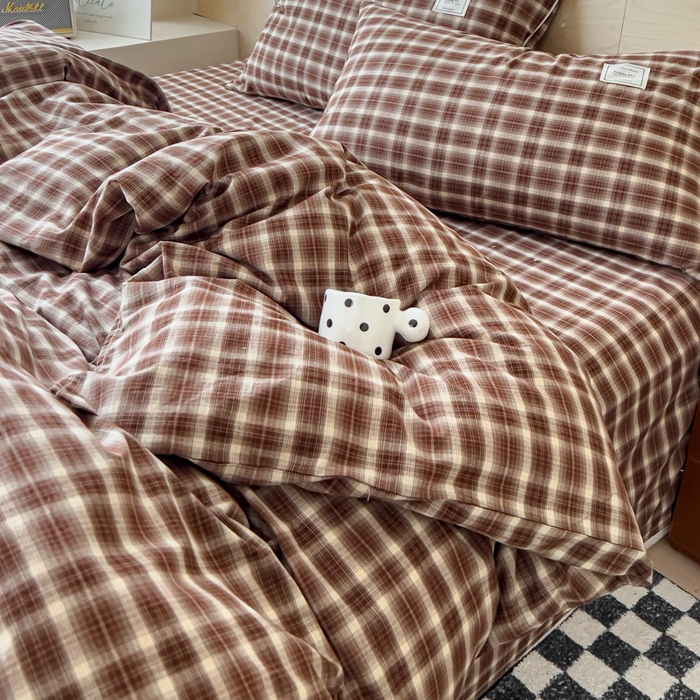 91家纺网 家纺一手货源 找家纺 花香四季家纺 2026新款简约全棉高织高密色织纯棉水洗棉四件套 焦糖