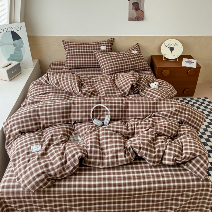 91家纺网 家纺一手货源 找家纺 花香四季家纺 2026新款简约全棉高织高密色织纯棉水洗棉四件套 焦糖