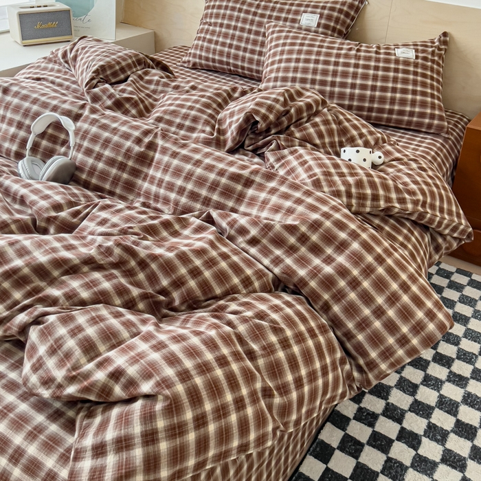 91家纺网 家纺一手货源 找家纺 花香四季家纺 2026新款简约全棉高织高密色织纯棉水洗棉四件套 焦糖