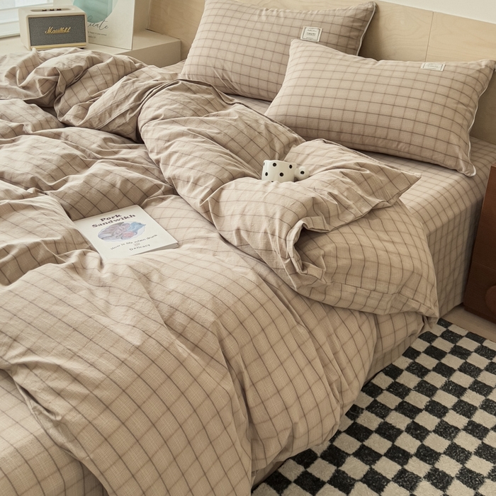 91家纺网 家纺一手货源 找家纺 花香四季家纺 2026新款简约全棉高织高密色织纯棉水洗棉四件套 奶茶