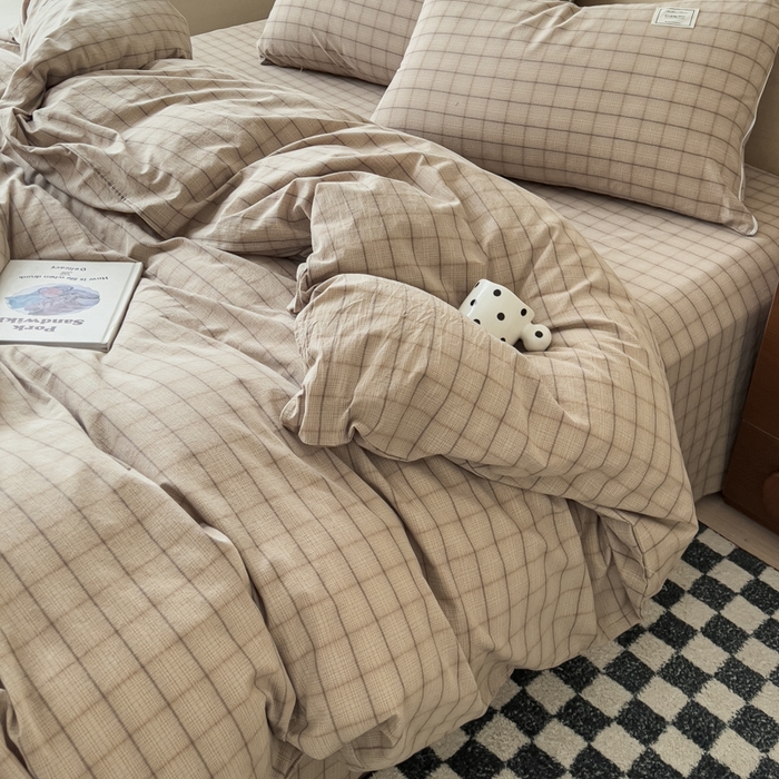 91家纺网 家纺一手货源 找家纺 花香四季家纺 2026新款简约全棉高织高密色织纯棉水洗棉四件套 奶茶