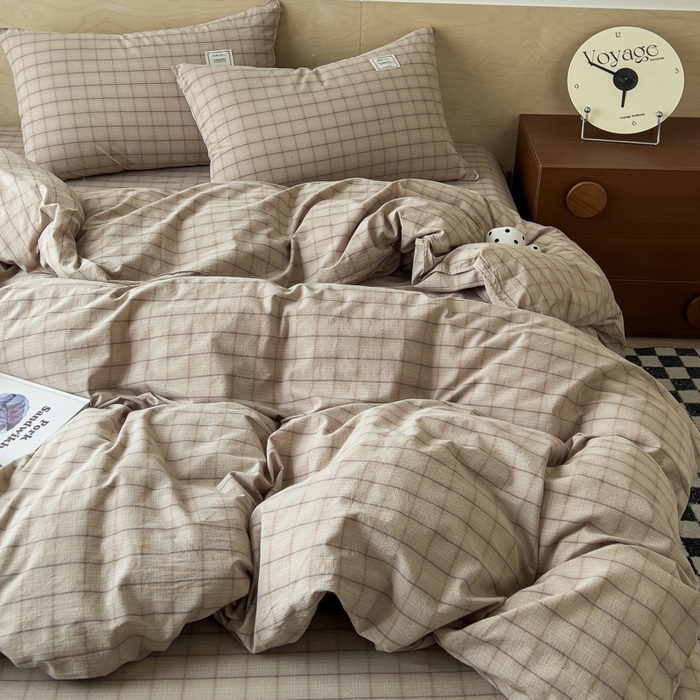 91家纺网 家纺一手货源 找家纺 花香四季家纺 2026新款简约全棉高织高密色织纯棉水洗棉四件套 奶茶