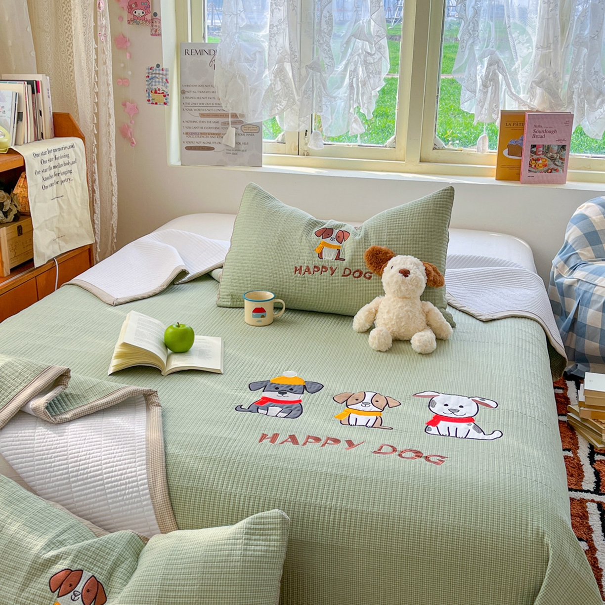 91家纺网 家纺一手货源 找家纺 梵克保罗 2026春夏直播热款贴布绣加厚古法水洗棉夹棉床盖单被套 旺财狗狗