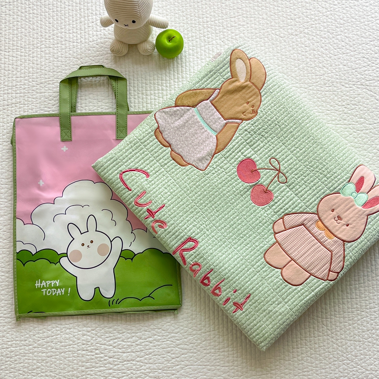 梵克保罗 2026春夏直播热款贴布绣加厚古法水洗棉夹棉床盖单被套 萌萌兔绿