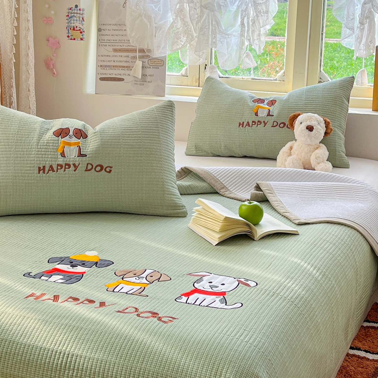 91家纺网 家纺一手货源 找家纺 梵克保罗 2026春夏直播热款贴布绣加厚古法水洗棉夹棉床盖单被套 旺财狗狗