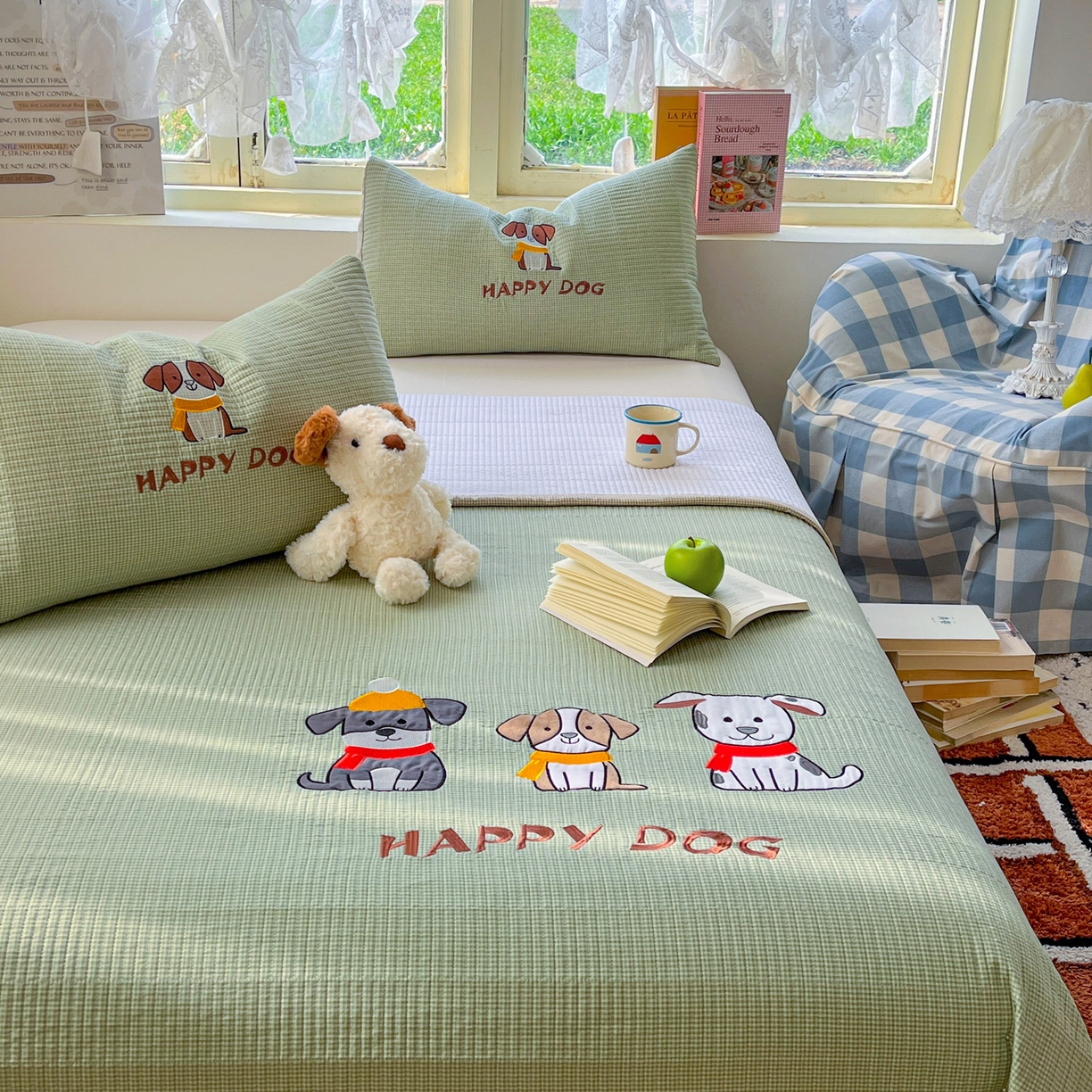 91家纺网 家纺一手货源 找家纺 梵克保罗 2026春夏直播热款贴布绣加厚古法水洗棉夹棉床盖单被套 旺财狗狗