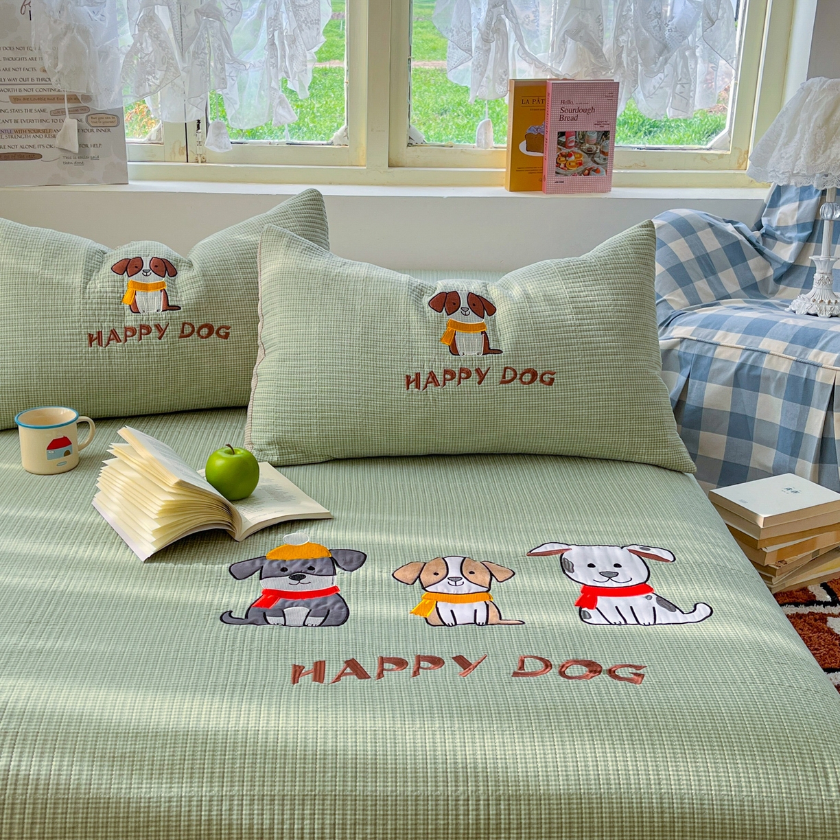 91家纺网 家纺一手货源 找家纺 梵克保罗 2026春夏直播热款贴布绣加厚古法水洗棉夹棉床盖单被套 旺财狗狗