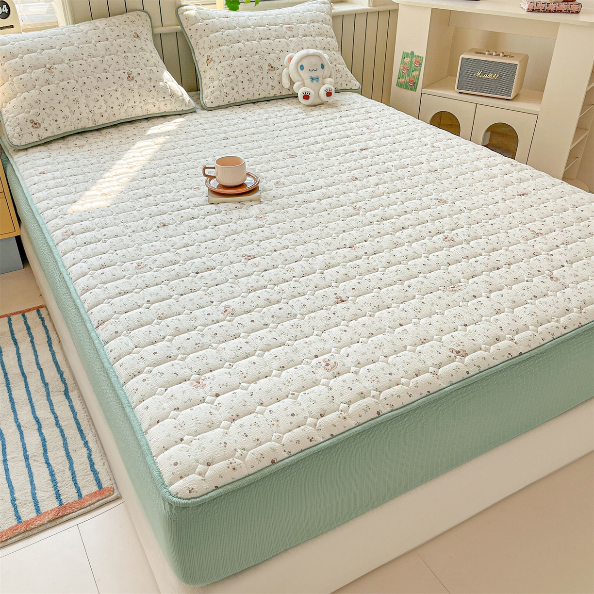 91家纺网 家纺一手货源 找家纺 优眠坊 2026新款亲肤泡芙纱夹棉单床笠床笠单件单品床笠三件套 萌趣小马-夹棉款