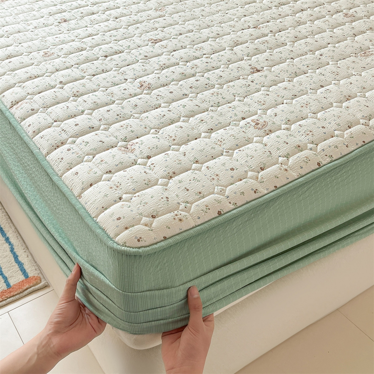 91家纺网 家纺一手货源 找家纺 优眠坊 2026新款亲肤泡芙纱夹棉单床笠床笠单件单品床笠三件套 萌趣小马-夹棉款