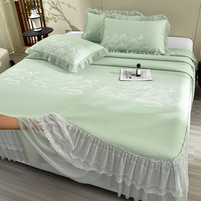 91家纺网 家纺一手货源 找家纺 （总）梦之星 2026新款提花面料530克PE凉感因子冰豆豆床裙三件套,漫花-粉,漫花-灰,漫花-蓝,漫花-绿,山水-粉,山水-灰,山水-蓝,山水-绿