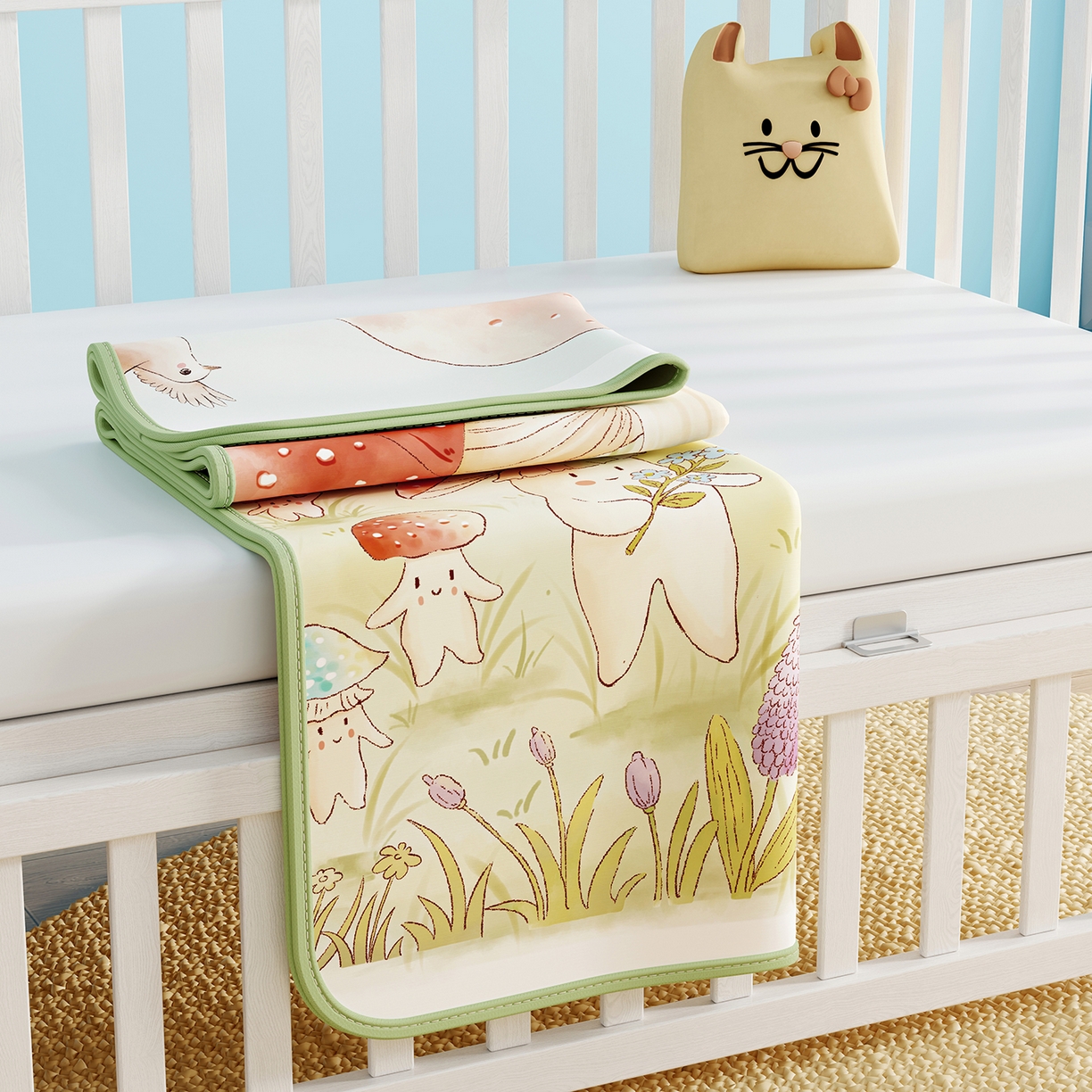 91家纺网 家纺一手货源 找家纺 奇丝雅 2026新款A类数码印花大版1100D水光冰丝凉席凉席婴儿儿童新生【三明治网底】 蘑菇城堡【三明治网底】