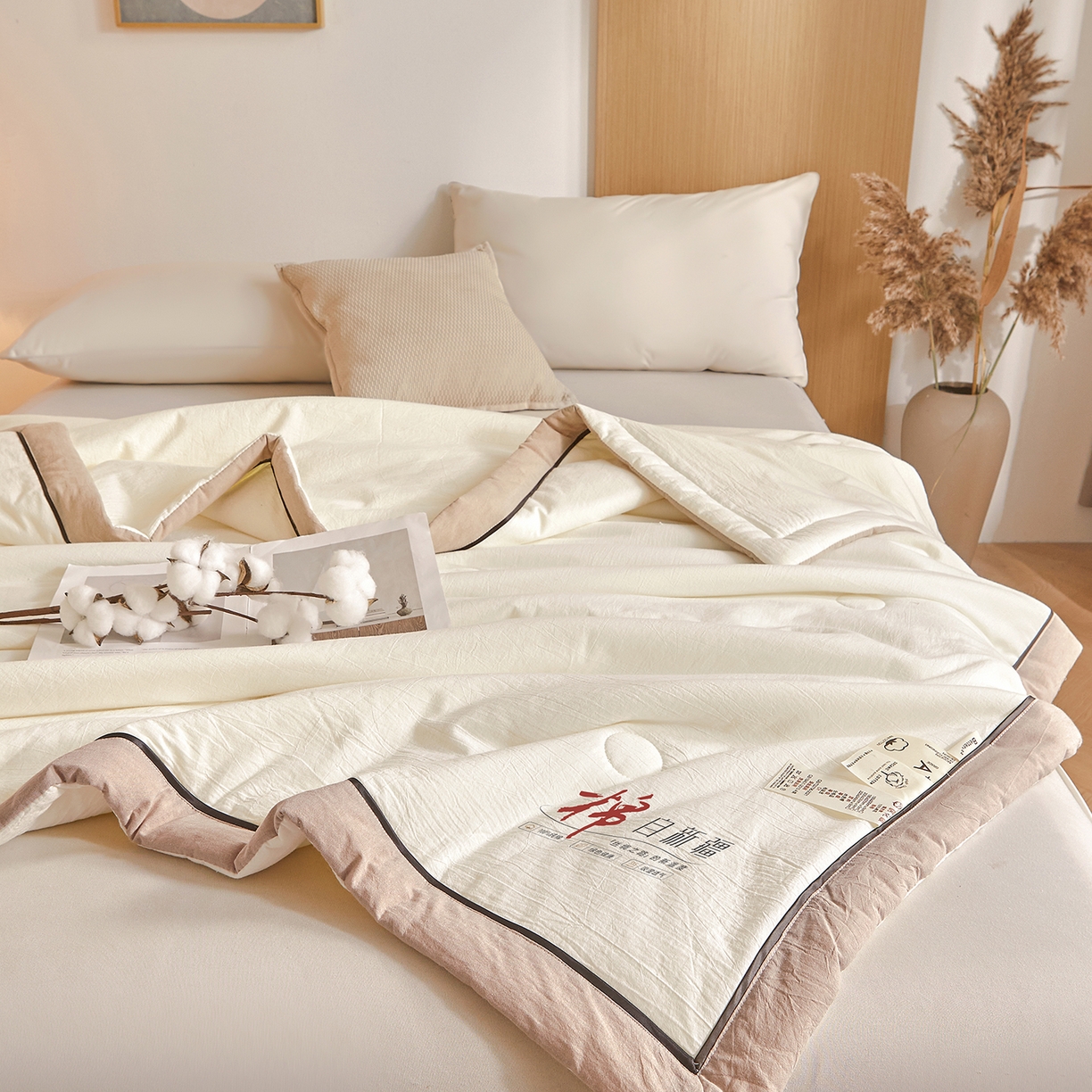 91家纺网 家纺一手货源 找家纺 创优家纺 2026新款新疆棉花夏被无印风纯色100%新疆棉夏凉被空调被棉花夏被棉花被子百分百新疆棉可水洗/可机洗棉花被（专版烫画 盗版必究） 棉朵-米白