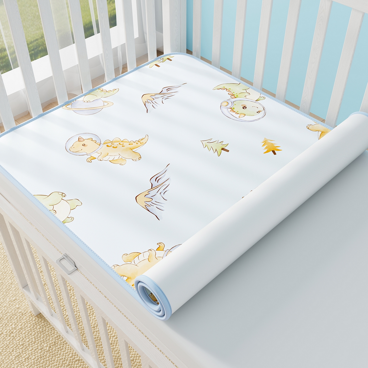 91家纺网 家纺一手货源 找家纺 奇丝雅 2026新款A类数码印花大版1100D水光冰丝凉席凉席婴儿儿童新生【三明治网底】 呆萌恐龙【三明治网底】