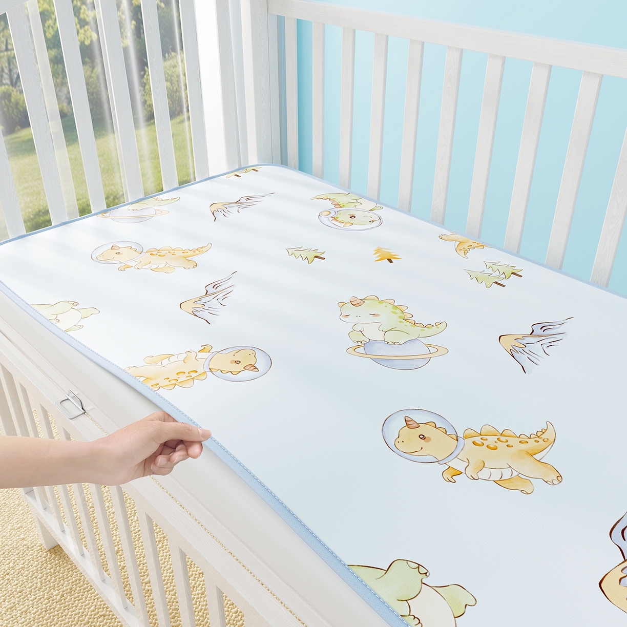 91家纺网 家纺一手货源 找家纺 奇丝雅 2026新款A类数码印花大版1100D水光冰丝凉席凉席婴儿儿童新生【三明治网底】 呆萌恐龙【三明治网底】