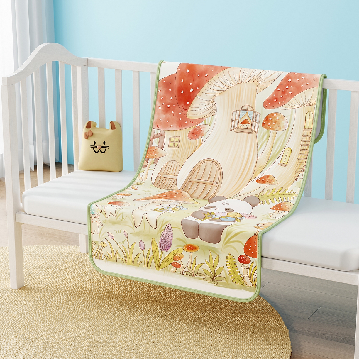 91家纺网 家纺一手货源 找家纺 奇丝雅 2026新款A类数码印花大版1100D水光冰丝凉席凉席婴儿儿童新生【三明治网底】 蘑菇城堡【三明治网底】