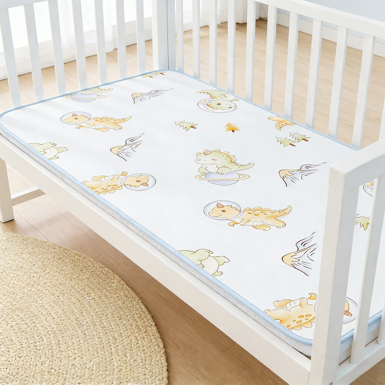 91家纺网 家纺一手货源 找家纺 奇丝雅 2026新款A类数码印花大版1100D水光冰丝凉席凉席婴儿儿童新生【三明治网底】 呆萌恐龙【三明治网底】