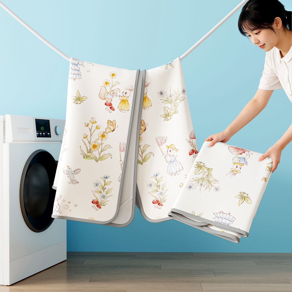 91家纺网 家纺一手货源 找家纺 奇丝雅 2026新款A类数码印花大版1100D水光冰丝凉席凉席婴儿儿童新生【三明治网底】 精灵小兔【三明治网底】