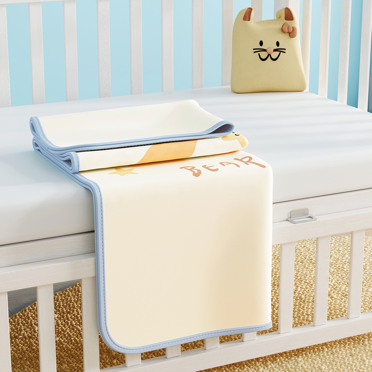 91家纺网 家纺一手货源 找家纺 奇丝雅 2026新款A类数码印花大版1100D水光冰丝凉席凉席婴儿儿童新生【三明治网底】 月亮熊【三明治网底】