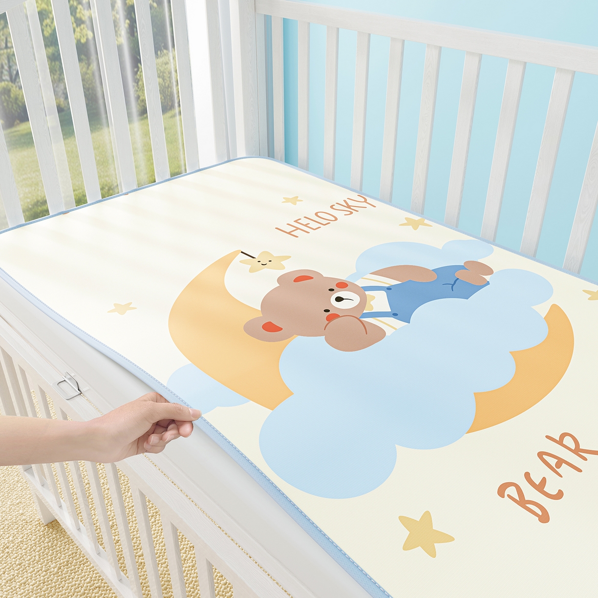 91家纺网 家纺一手货源 找家纺 奇丝雅 2026新款A类数码印花大版1100D水光冰丝凉席凉席婴儿儿童新生【三明治网底】 月亮熊【三明治网底】