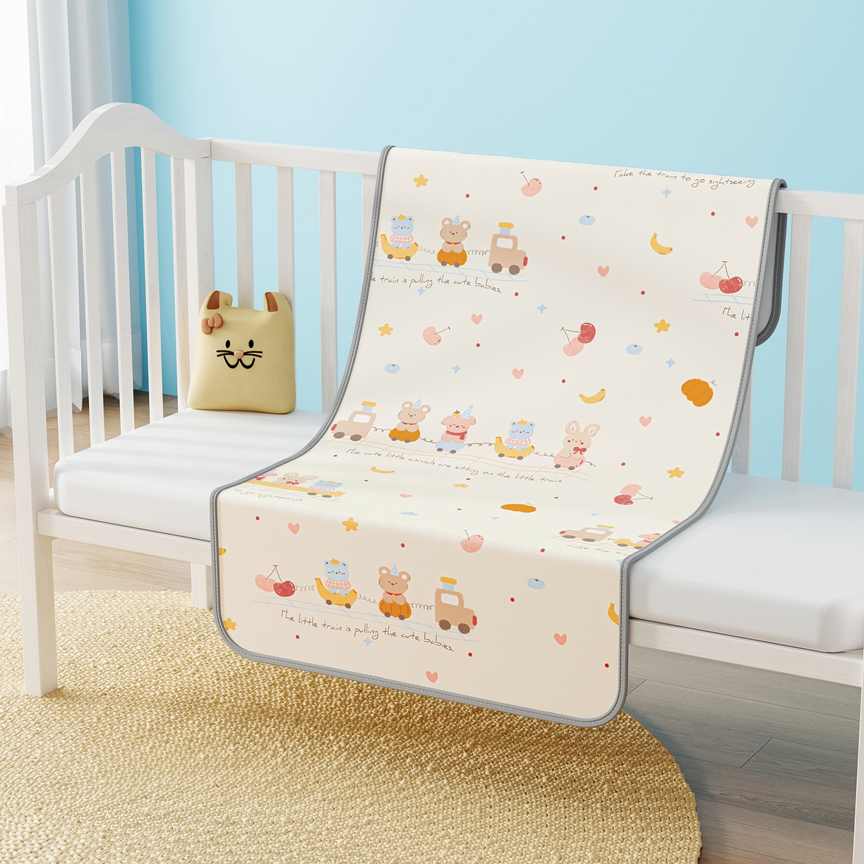 91家纺网 家纺一手货源 找家纺 奇丝雅 2026新款A类数码印花大版1100D水光冰丝凉席凉席婴儿儿童新生【三明治网底】 萌宝小火车【三明治网底】