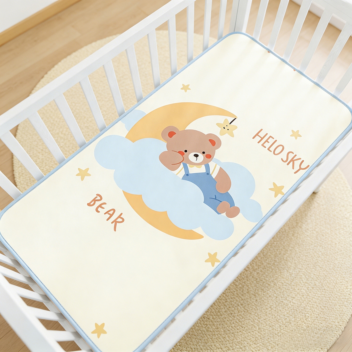 91家纺网 家纺一手货源 找家纺 奇丝雅 2026新款A类数码印花大版1100D水光冰丝凉席凉席婴儿儿童新生【三明治网底】 月亮熊【三明治网底】