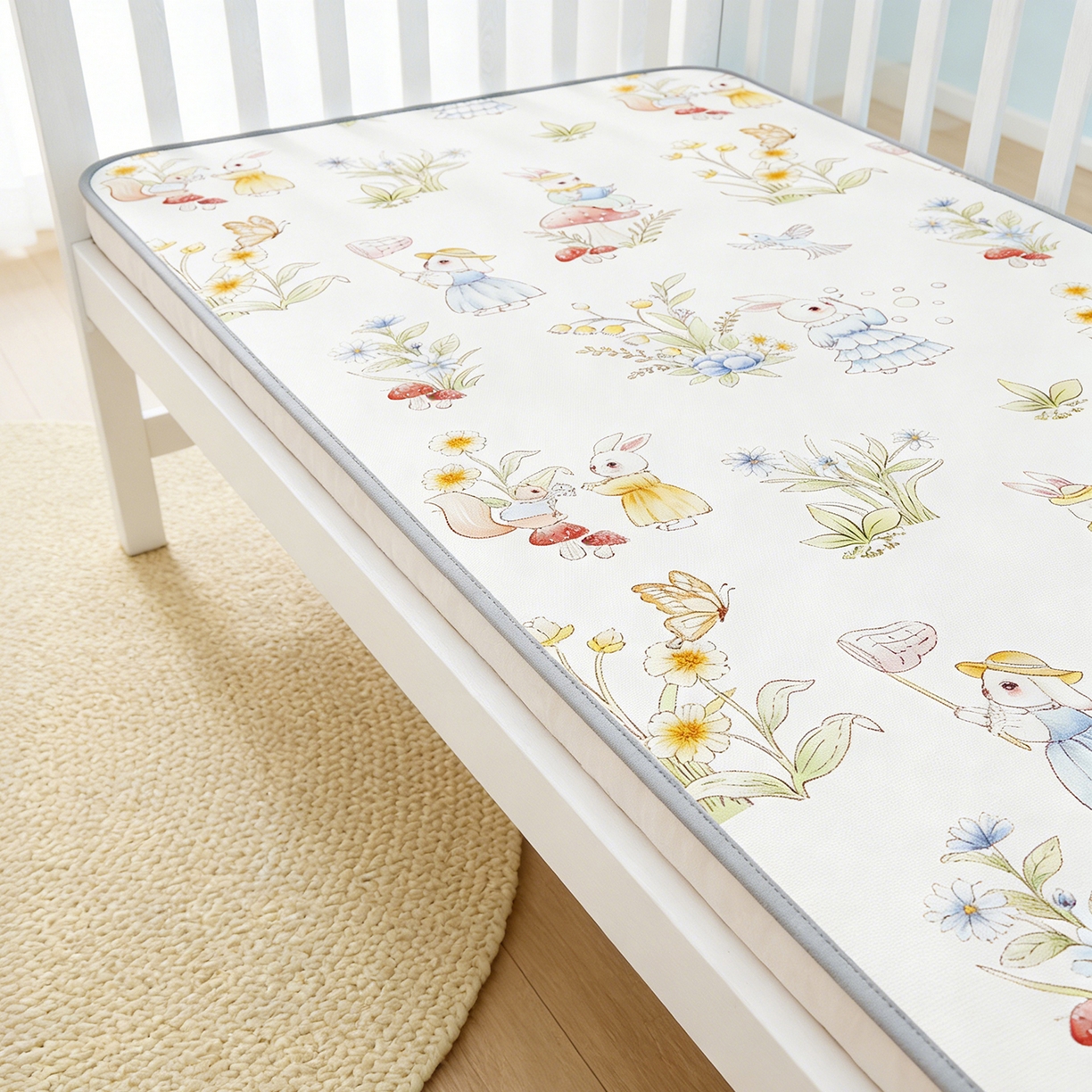 91家纺网 家纺一手货源 找家纺 奇丝雅 2026新款A类数码印花大版1100D水光冰丝凉席凉席婴儿儿童新生【三明治网底】 精灵小兔【三明治网底】