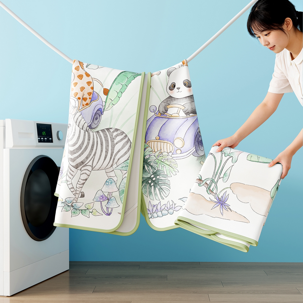 91家纺网 家纺一手货源 找家纺 奇丝雅 2026新款A类数码印花大版1100D水光冰丝凉席凉席婴儿儿童新生【三明治网底】 动物乐园【三明治网底】