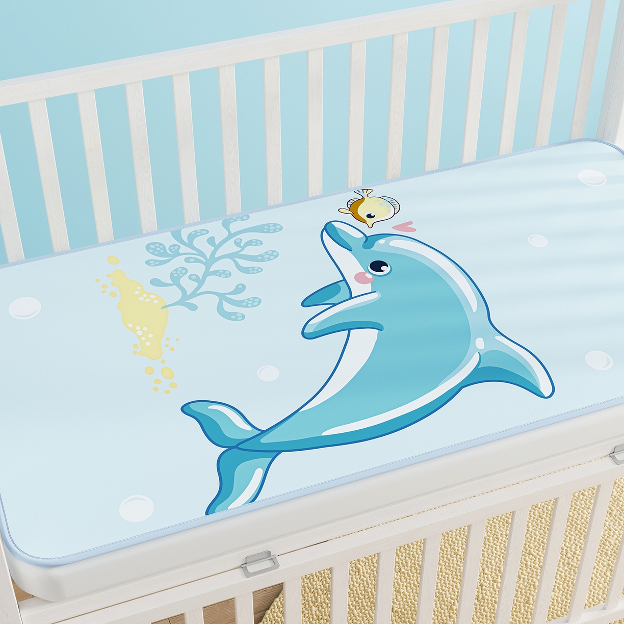 91家纺网 家纺一手货源 找家纺 奇丝雅 2026新款A类数码印花大版1100D水光冰丝凉席凉席婴儿儿童新生【三明治网底】 海豚奇遇【三明治网底】