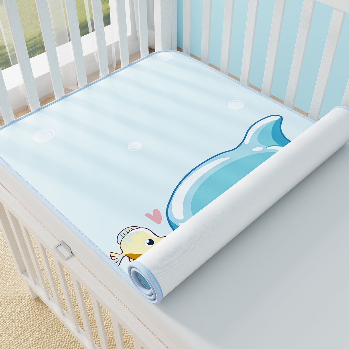 91家纺网 家纺一手货源 找家纺 奇丝雅 2026新款A类数码印花大版1100D水光冰丝凉席凉席婴儿儿童新生【三明治网底】 海豚奇遇【三明治网底】