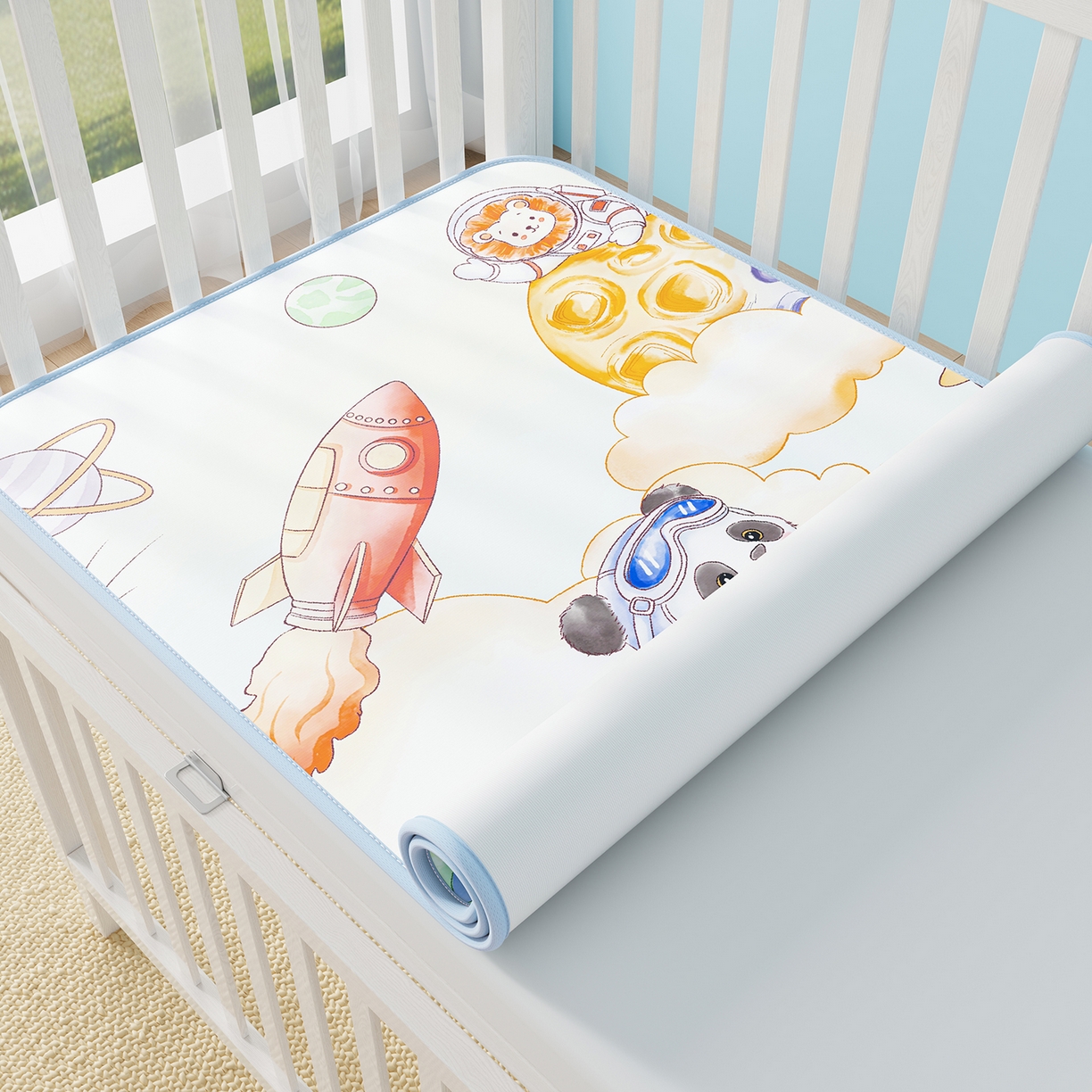 91家纺网 家纺一手货源 找家纺 奇丝雅 2026新款A类数码印花大版1100D水光冰丝凉席凉席婴儿儿童新生【三明治网底】 星际漫游【三明治网底】