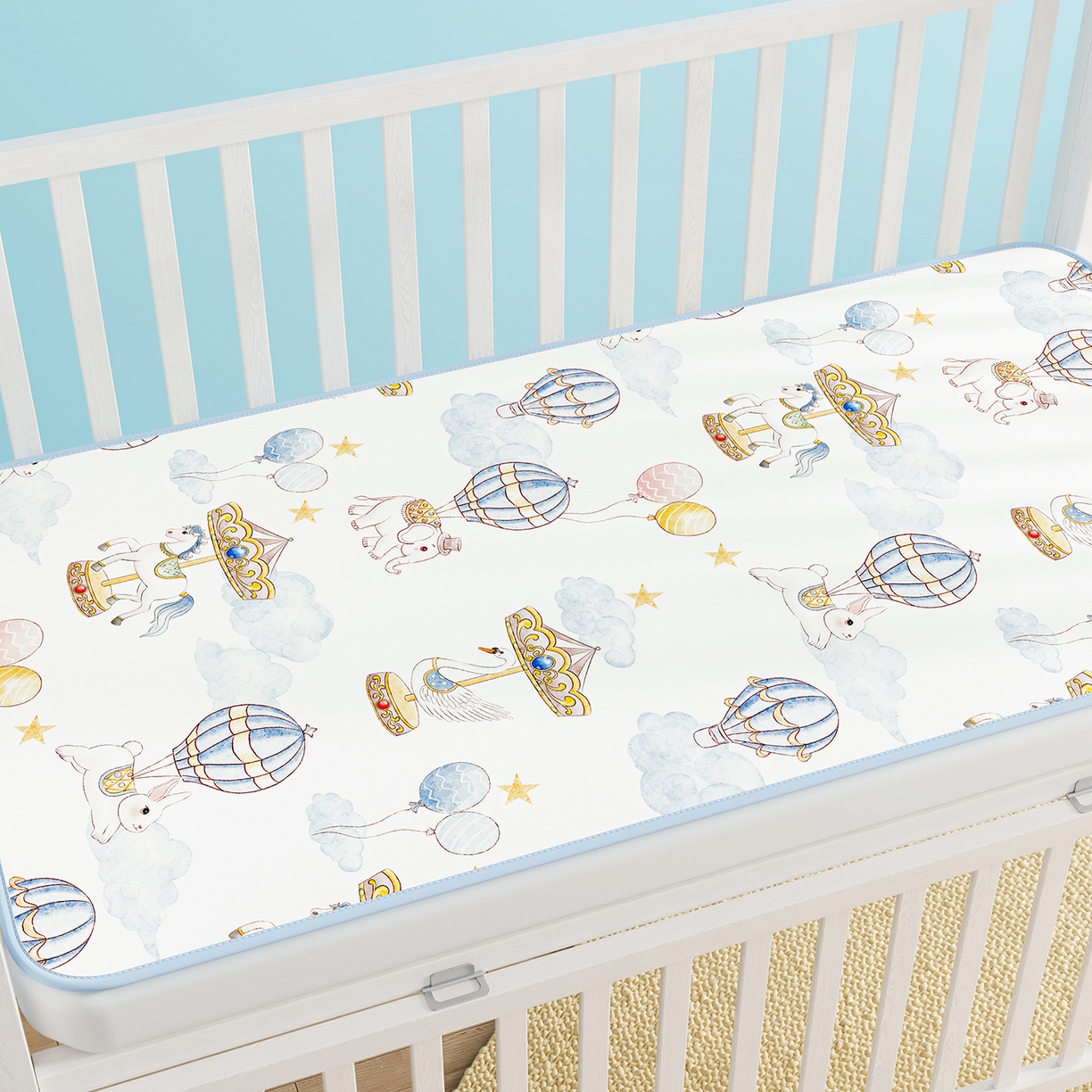 91家纺网 家纺一手货源 找家纺 奇丝雅 2026新款A类数码印花大版1100D水光冰丝凉席凉席婴儿儿童新生【三明治网底】 萌象木马【三明治网底】