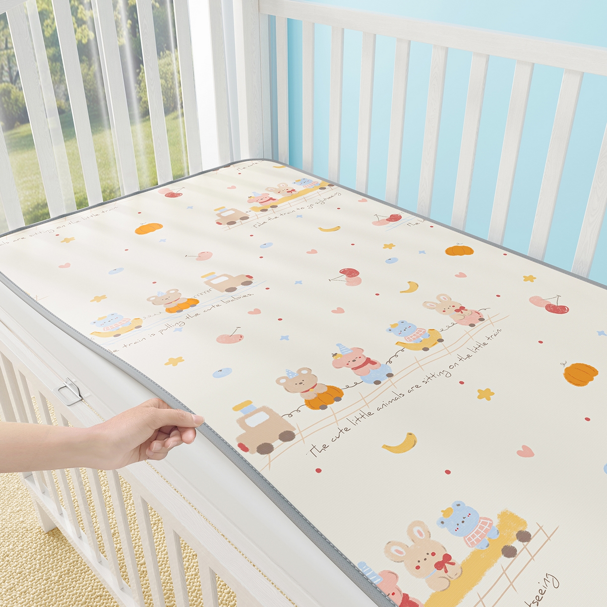 91家纺网 家纺一手货源 找家纺 奇丝雅 2026新款A类数码印花大版1100D水光冰丝凉席凉席婴儿儿童新生【三明治网底】 萌宝小火车【三明治网底】