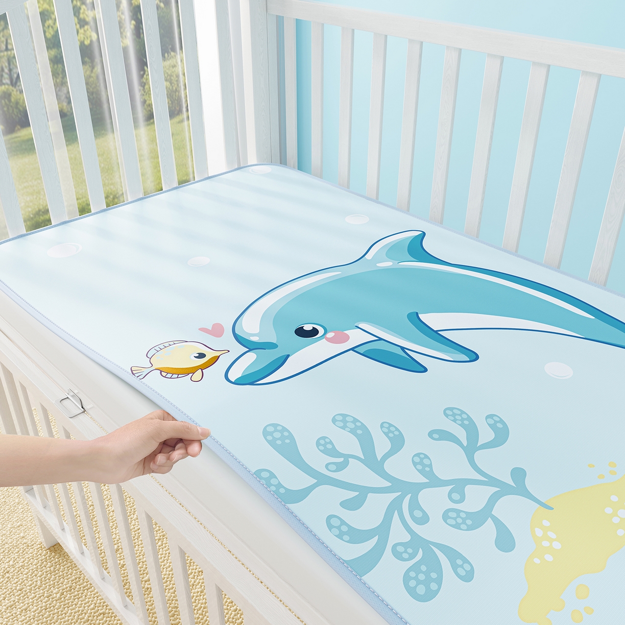 91家纺网 家纺一手货源 找家纺 奇丝雅 2026新款A类数码印花大版1100D水光冰丝凉席凉席婴儿儿童新生【三明治网底】 海豚奇遇【三明治网底】