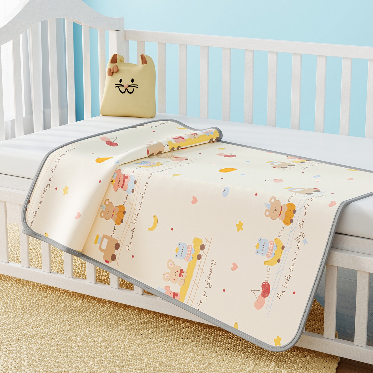 91家纺网 家纺一手货源 找家纺 奇丝雅 2026新款A类数码印花大版1100D水光冰丝凉席凉席婴儿儿童新生【三明治网底】 萌宝小火车【三明治网底】