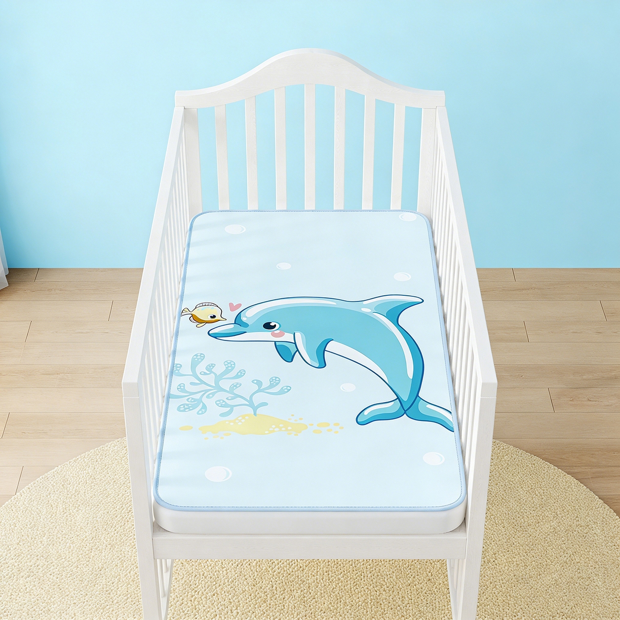 91家纺网 家纺一手货源 找家纺 奇丝雅 2026新款A类数码印花大版1100D水光冰丝凉席凉席婴儿儿童新生【三明治网底】 海豚奇遇【三明治网底】