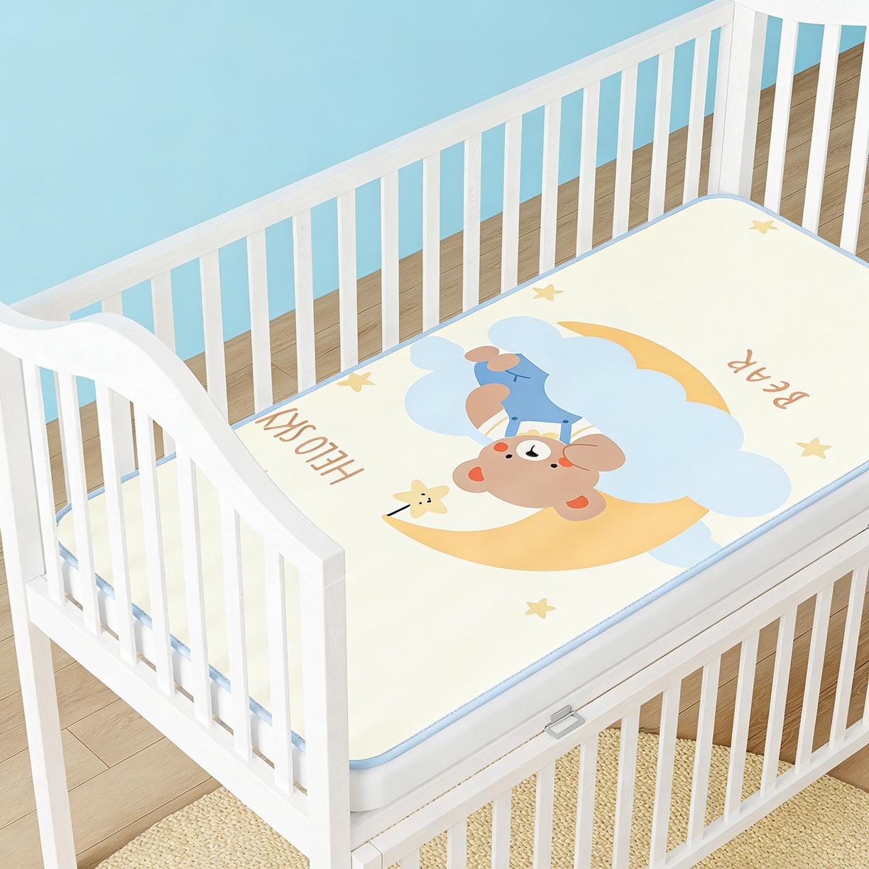 91家纺网 家纺一手货源 找家纺 奇丝雅 2026新款A类数码印花大版1100D水光冰丝凉席凉席婴儿儿童新生【三明治网底】 月亮熊【三明治网底】