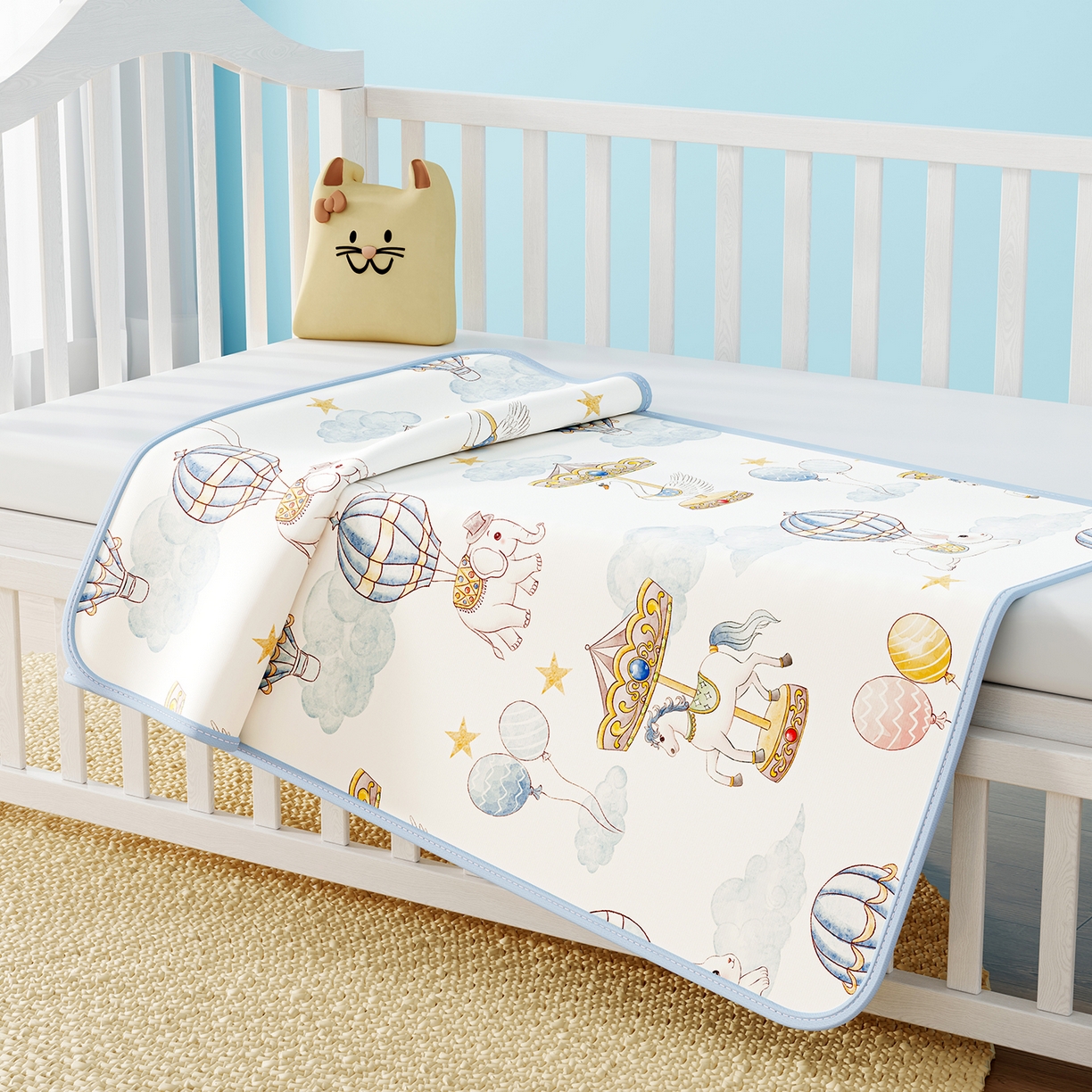 91家纺网 家纺一手货源 找家纺 奇丝雅 2026新款A类数码印花大版1100D水光冰丝凉席凉席婴儿儿童新生【三明治网底】 萌象木马【三明治网底】