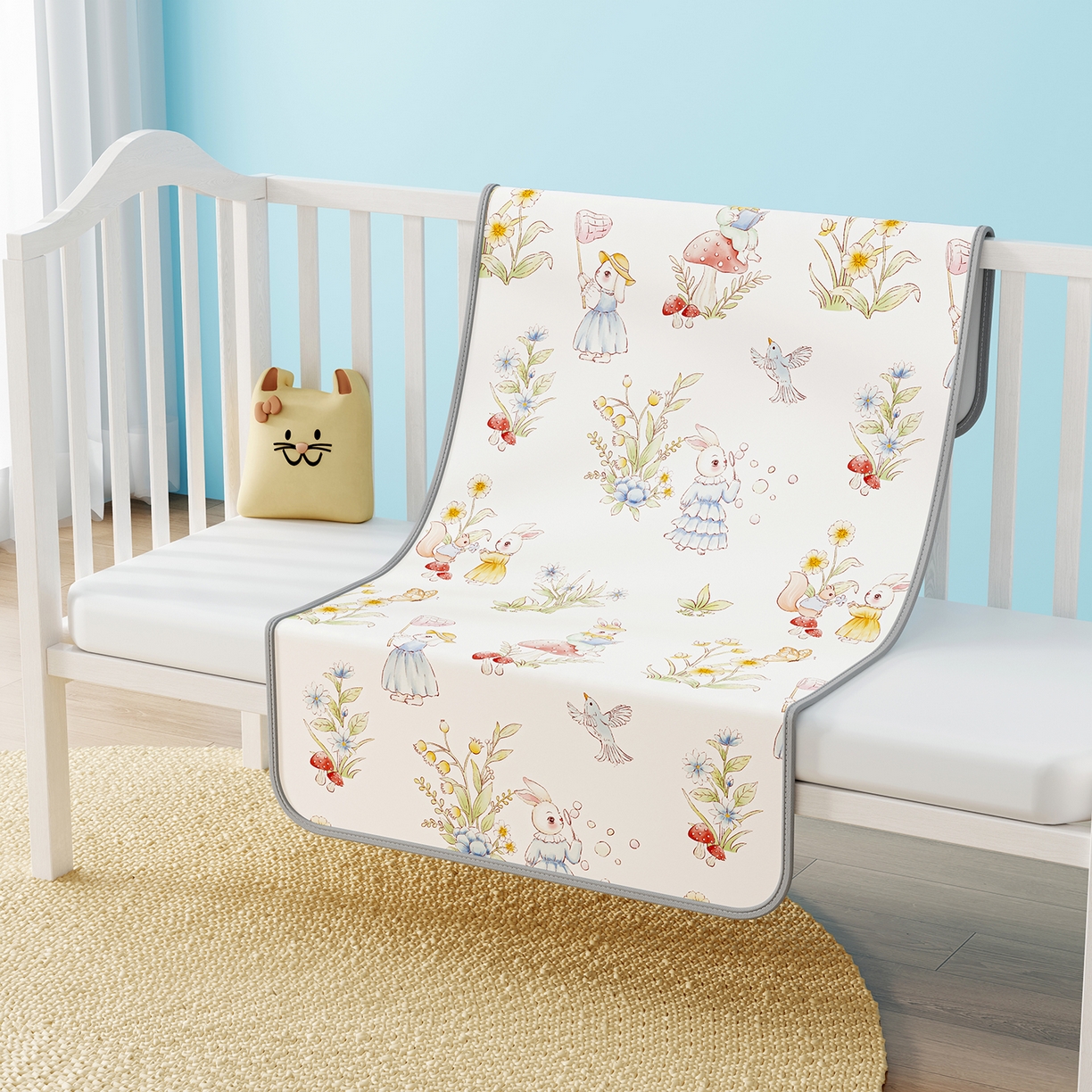 91家纺网 家纺一手货源 找家纺 奇丝雅 2026新款A类数码印花大版1100D水光冰丝凉席凉席婴儿儿童新生【三明治网底】 精灵小兔【三明治网底】