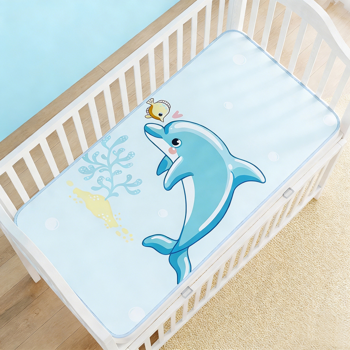 91家纺网 家纺一手货源 找家纺 奇丝雅 2026新款A类数码印花大版1100D水光冰丝凉席凉席婴儿儿童新生【三明治网底】 海豚奇遇【三明治网底】