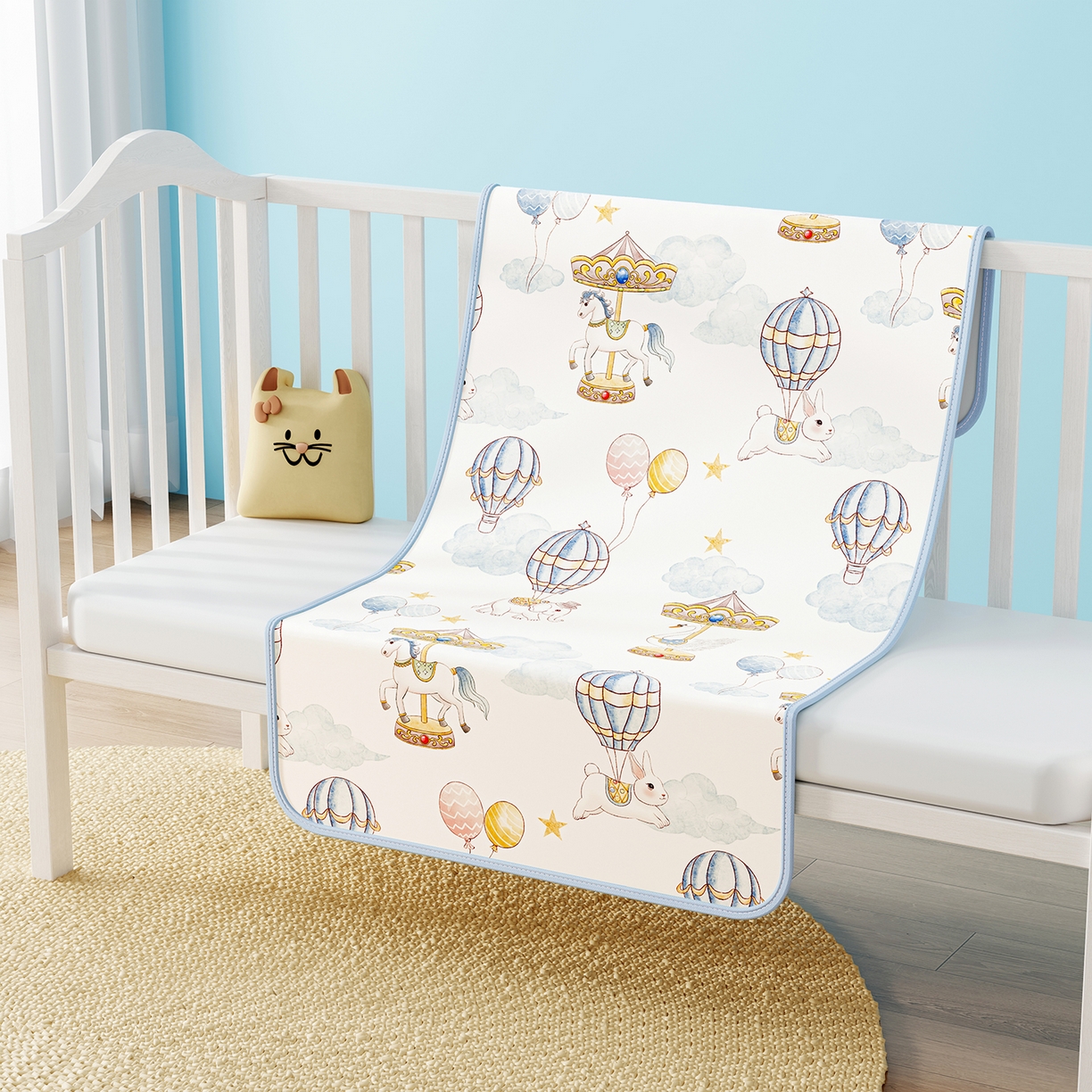 91家纺网 家纺一手货源 找家纺 奇丝雅 2026新款A类数码印花大版1100D水光冰丝凉席凉席婴儿儿童新生【三明治网底】 萌象木马【三明治网底】