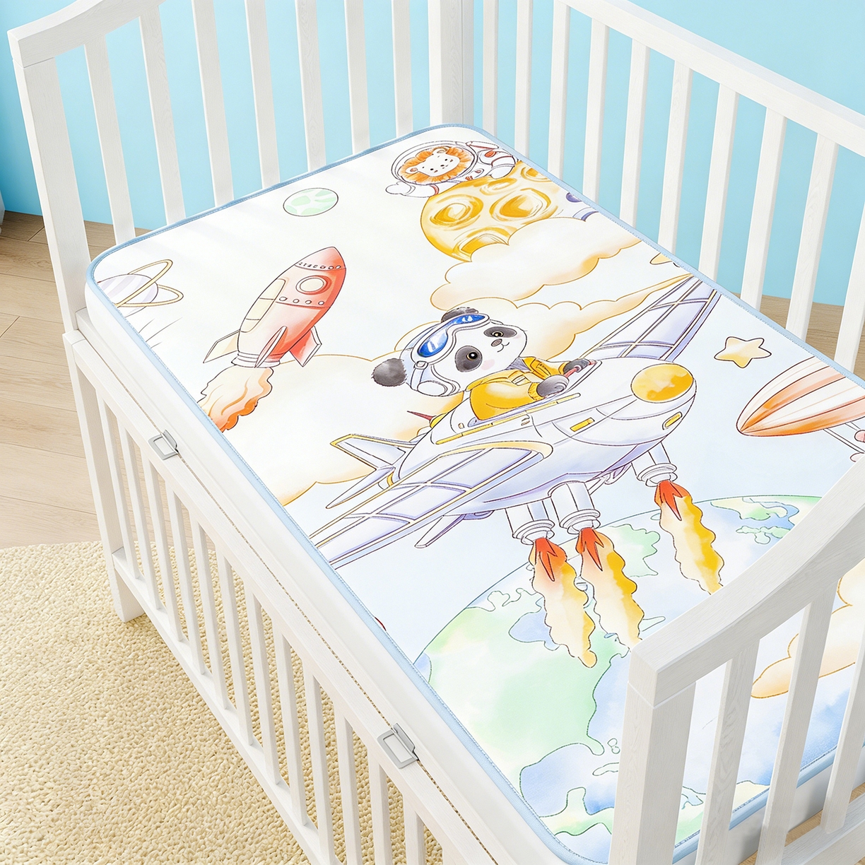 91家纺网 家纺一手货源 找家纺 奇丝雅 2026新款A类数码印花大版1100D水光冰丝凉席凉席婴儿儿童新生【三明治网底】 星际漫游【三明治网底】