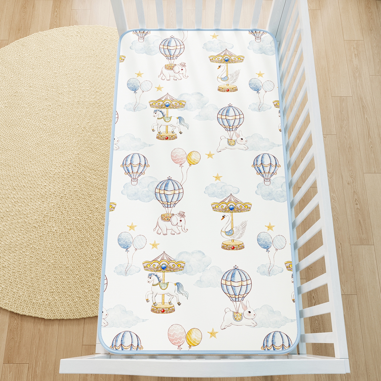 91家纺网 家纺一手货源 找家纺 奇丝雅 2026新款A类数码印花大版1100D水光冰丝凉席凉席婴儿儿童新生【三明治网底】 萌象木马【三明治网底】