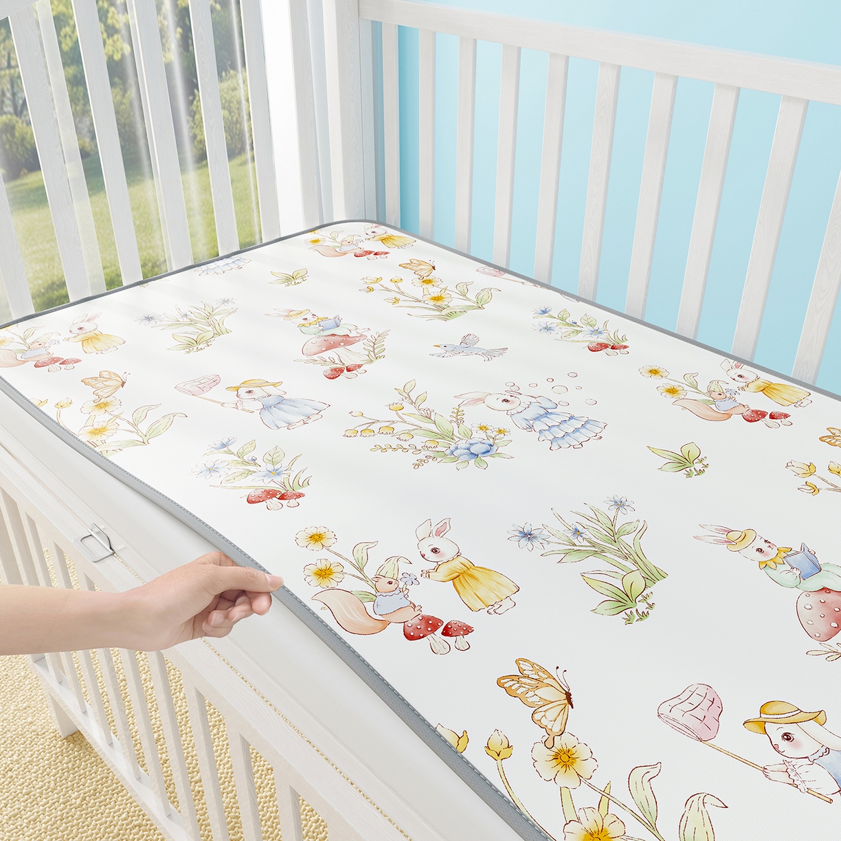 91家纺网 家纺一手货源 找家纺 奇丝雅 2026新款A类数码印花大版1100D水光冰丝凉席凉席婴儿儿童新生【三明治网底】 精灵小兔【三明治网底】