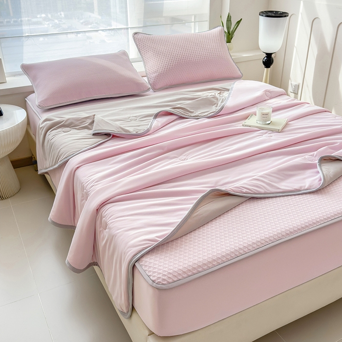 91家纺网 家纺一手货源 找家纺 乐家欣 2026新款凉感冰丝床席床笠四件套 冰丝床笠款-蜜桃粉