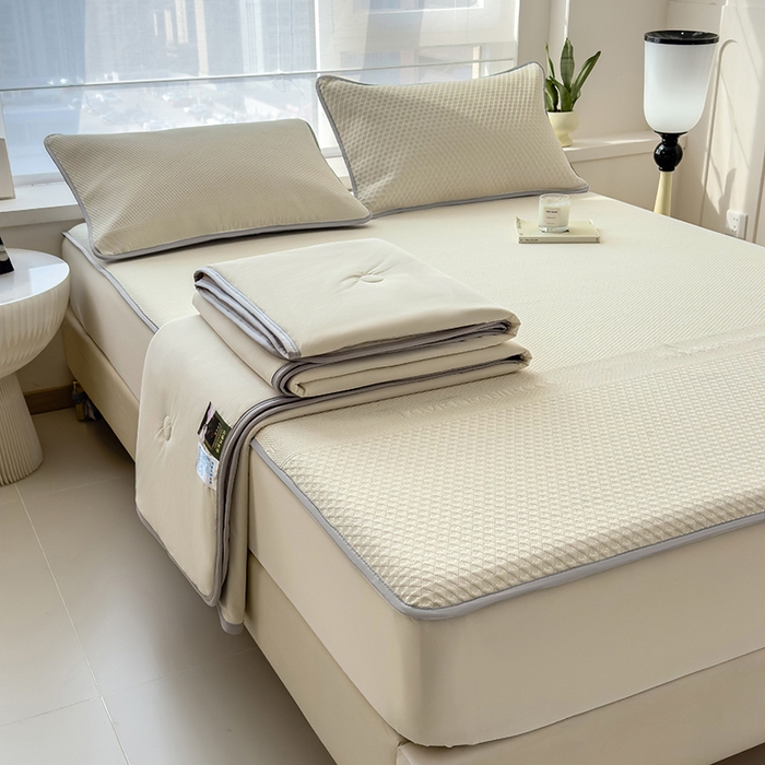 91家纺网 家纺一手货源 找家纺 乐家欣 2026新款凉感冰丝床席床笠四件套 冰丝床笠款-奶昔白