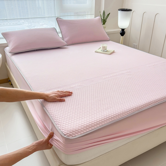 91家纺网 家纺一手货源 找家纺 乐家欣 2026新款凉感冰丝床席床笠四件套 冰丝床笠款-蜜桃粉