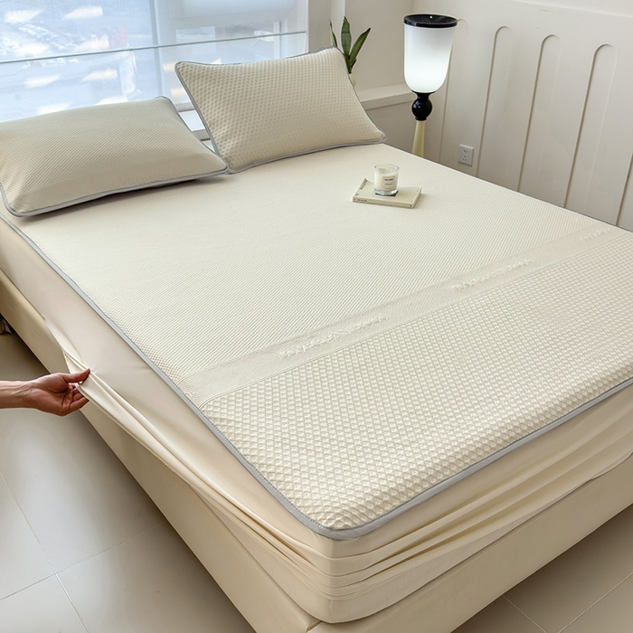 91家纺网 家纺一手货源 找家纺 乐家欣 2026新款凉感冰丝床席床笠四件套 冰丝床笠款-奶昔白