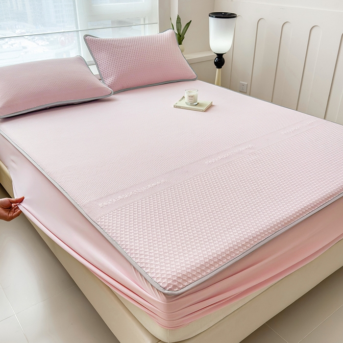 91家纺网 家纺一手货源 找家纺 乐家欣 2026新款凉感冰丝床席床笠四件套 冰丝床笠款-蜜桃粉